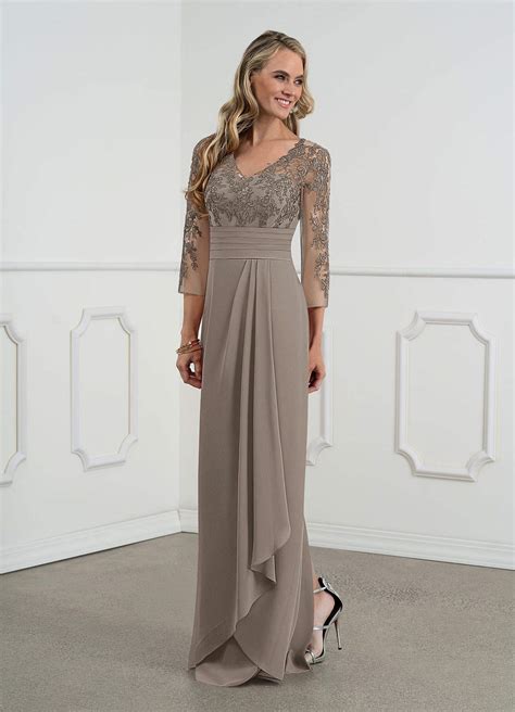 Taupe Azazie Joan Taupe Sheath V Neck Lace Chiffon Dress Azazie