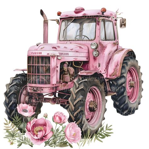 Rustic Tractor Clipart, Pink Farm Tractor Watercolor Tractor Clipart ...