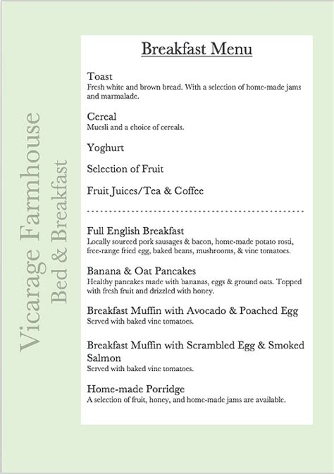 Breakfast Menu Vicaragefarmhousebandb