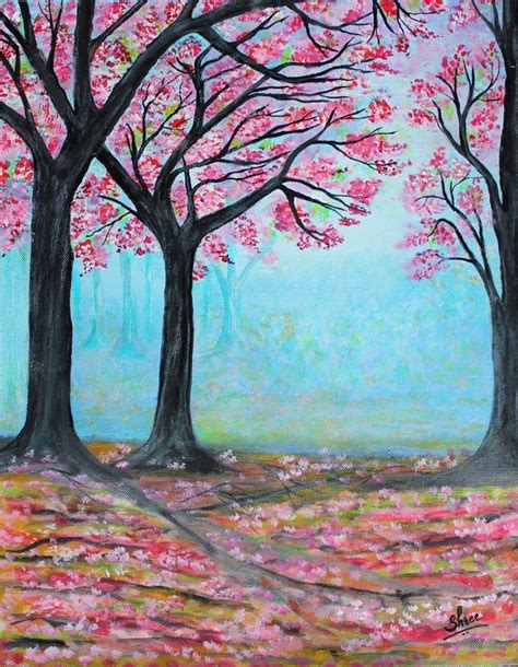 Cherry Blossom PaintingPink TreeMisty ForestPink