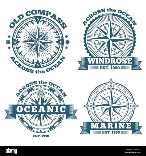 Vintage Nautical Labels Emblems Logo Badges With Compass And Ribbons Compass Navigation In