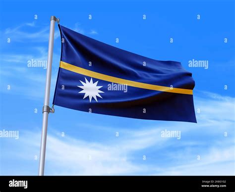 Beautiful Nauru Flag Waving In The Wind With Sky Background D