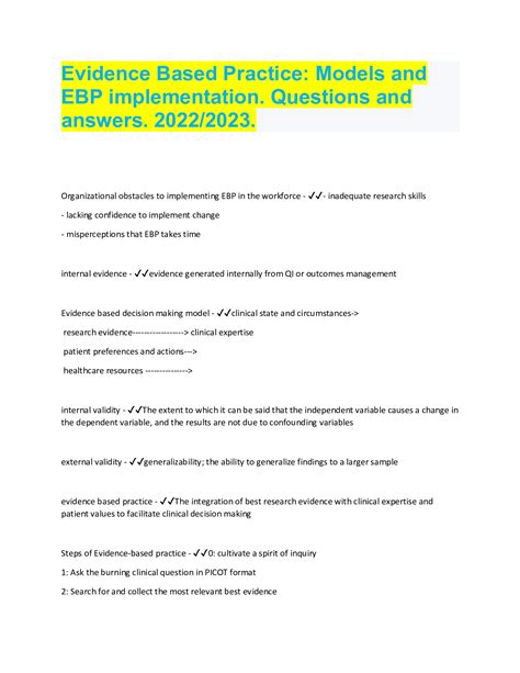 Evidence Based Practice Models And Ebp Implementation Questions And Answers 2022 2023 In