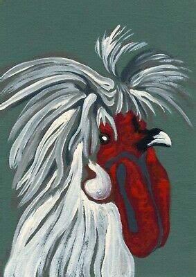 Aceo Atc Original Miniature Painting Fancy Chicken Farmyard Bird Art C