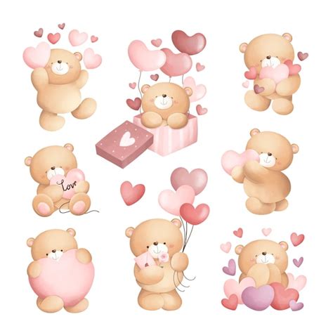 Premium Vector Watercolor Illustration Set Of Valentine Teddy Bears