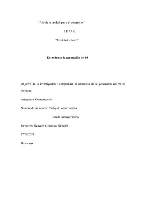 Monografía Para literarura del 98 Año de la unidad paz y el