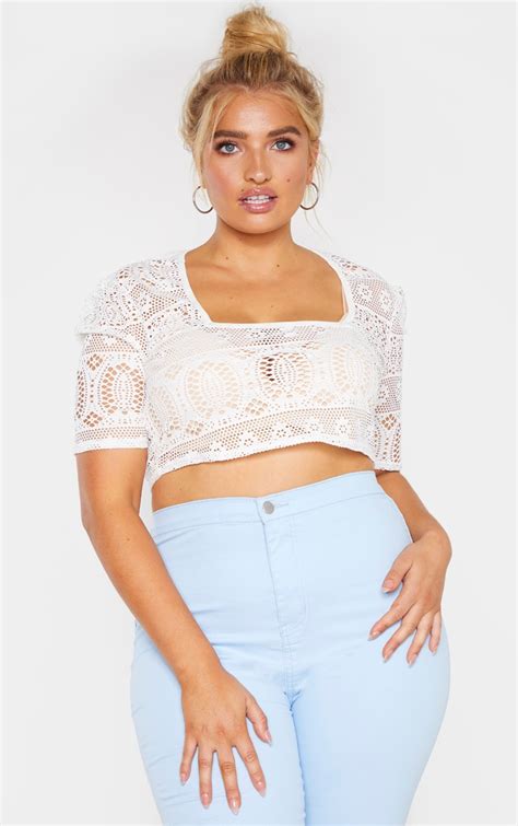 Plus White Crochet Square Neck Crop Top Prettylittlething