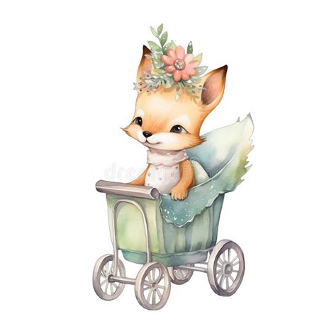 Cute Baby Fox In A Stroller Watercolor Illustration Stock Illustration