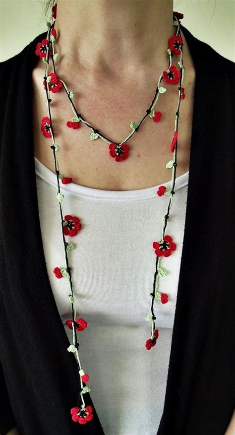 Flower Necklace Boho Poppy Necklace Red Crochet Wrap Oya Etsy Canada