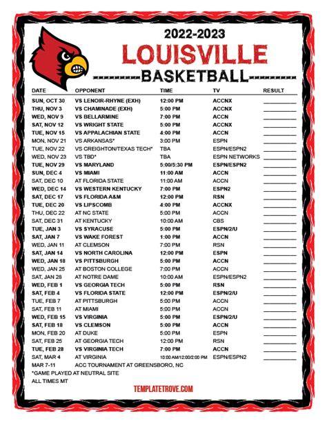 Printable 2022-2023 Louisville Cardinals Basketball Schedule