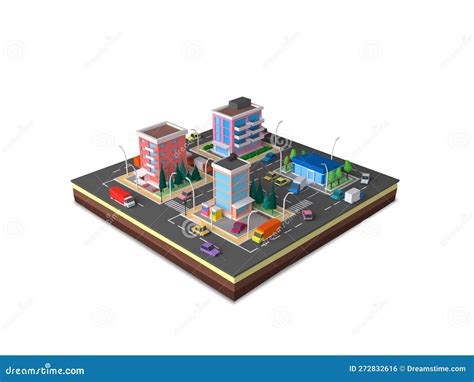 Isometric Cartoon Low Poly City Landscape 3d Rendering Stock