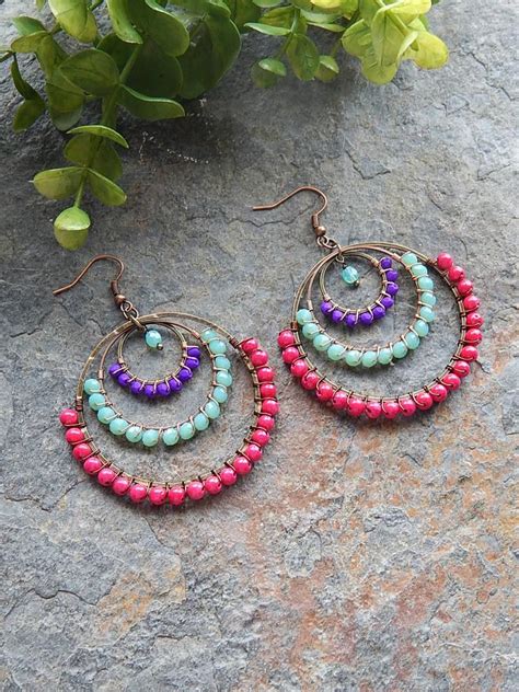 Colorful Beaded Hoop Statement Earrings Boho Style Pink Aqua And