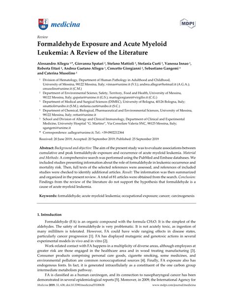 Pdf Formaldehyde Exposure And Acute Myeloid Leukemia A Review Of The