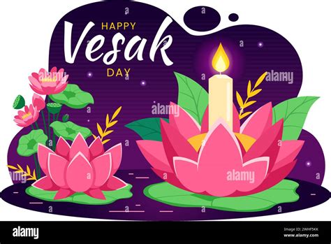 Vesak Day Celebration Vector Illustration With Temple Silhouette Lotus