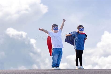 Superheroes Kids Friends Having Fun Outdoor Boy And Girl With Clipping