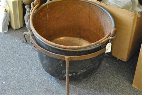 Sold At Auction Antique Copper Apple Butter Kettle With Wrought Iron