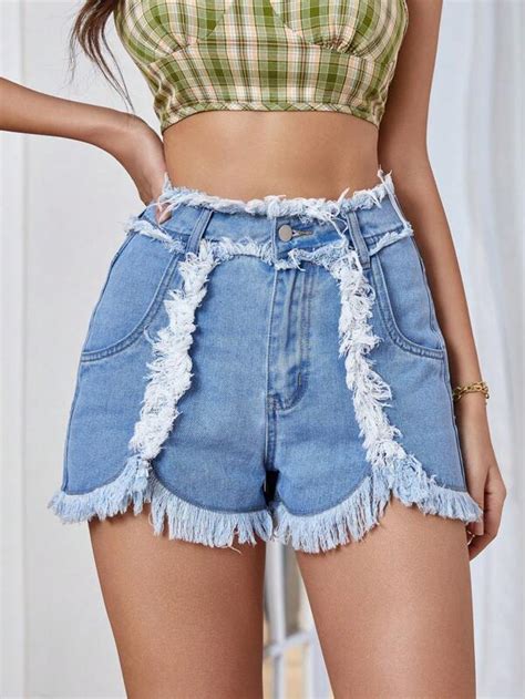 Shein Frenchy Shorts En Mezclilla De Talle Alto Ribete Crudo Moda De