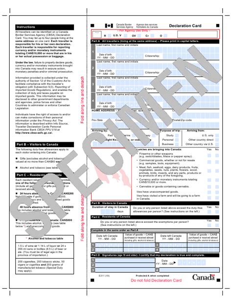 Form E311 Declaration Card - Canada Download Pdf | Cards, No response, Declaration