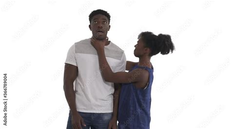 Portrait Of Young Black Couple Lady Putting Her Hands Near Neck Of Her