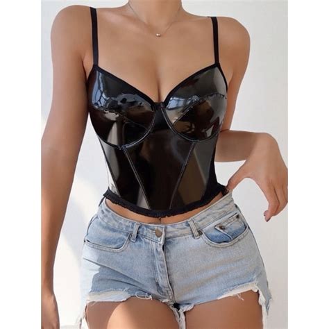 Cropped Blusa Couro Fake Corset Barbatana Sensual Sexy Shopee Brasil