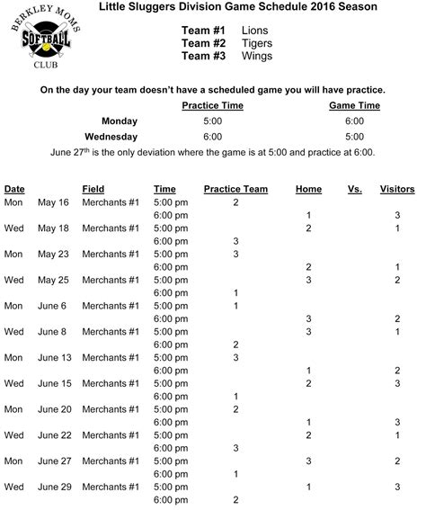 Berkley Moms Club Softball: Game Schedules