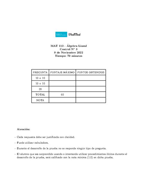 Control Pauta Mat Algebra Lineal Control N De Noviembre