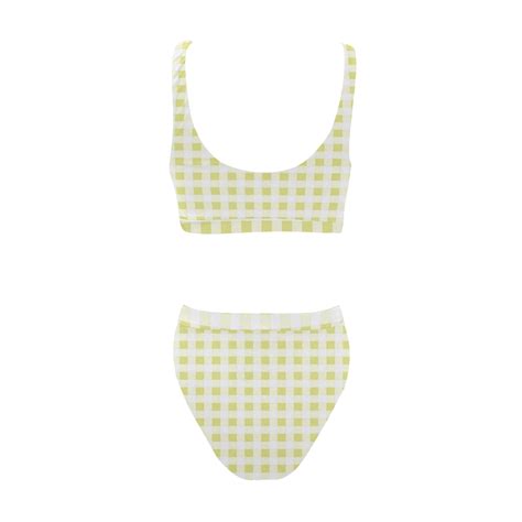 Pale Yellow Gingham Sport Top High Waisted Bikini Swimsuit Model S