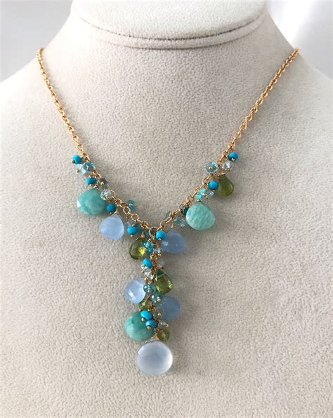 Gemstone Y-Necklace in Gold Vermeil and Blue Chalcedony, Amazonite