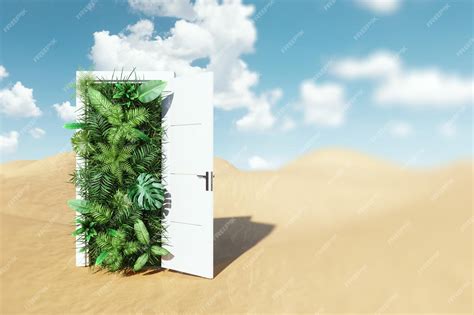 Premium Photo | Open door in desert leading to tropical garden green ...