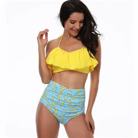 AMOUNE Maillot De Bain Femme Pc Bikini Maillots De Taille Haute Push Up Bikini Jaune Jaune