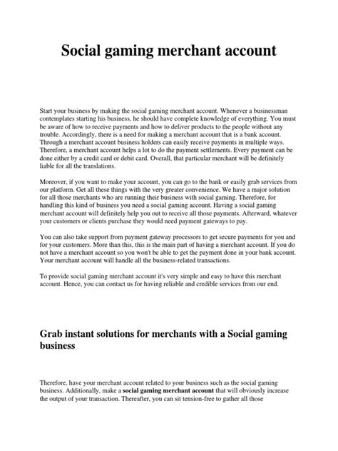 Social Gaming Merchant Account Pdf Payments Money