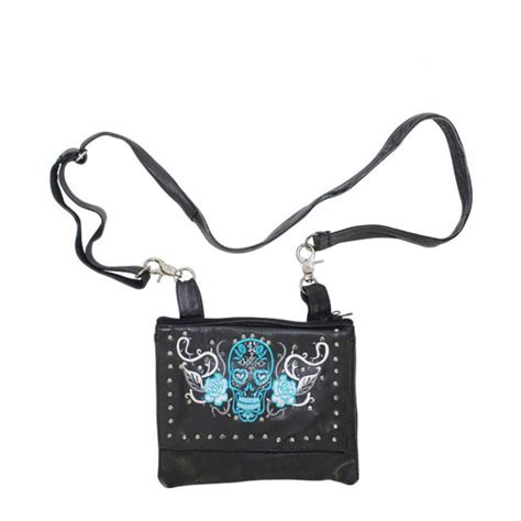 Studded Turquoise White Sugar Skull Naked Cowhide Leather Belt Bag W Gun Pocket BNBAG