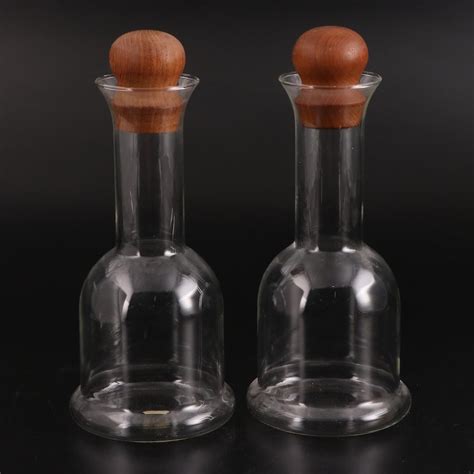 Danish Modern Jens Quistgaard For Dansk Glass And Teak Wine Carafes 1970s Ebth