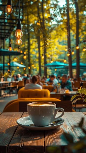 Premium Photo | Outdoor seating at a cafe with a view of the trees