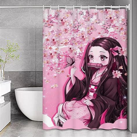 Kawaii Anime Girl Demon Slayer Nezuko Bath Curtain Pink Sakura Shower ...