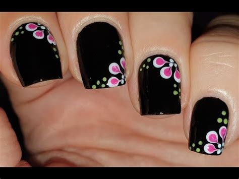 Black Nails With Pink Flower Nail Art Design Dry Marble Summer Nail