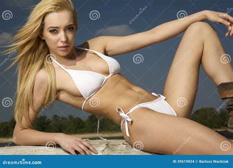 Beautiful Blonde Woman In White Bikini Stock Photo Image Of Cheerful