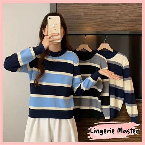 Jual Lingerie Master T Top Knit Rajut Stripes Cardigan