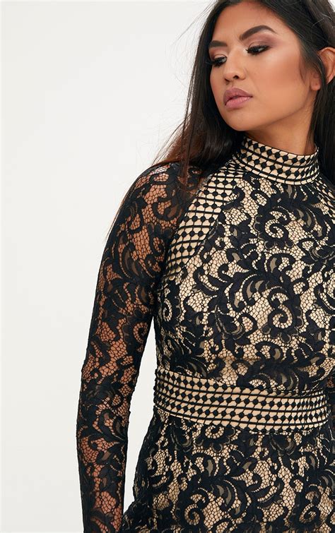 Black Lace High Neck Bodycon Dress. Dresses | PrettyLittleThing USA