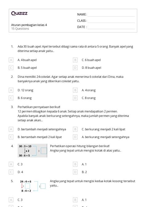 50 Lembar Kerja Aturan Pembagian Untuk Kelas 4 Di Quizizz Gratis