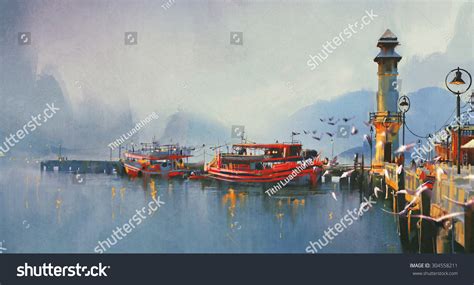 Fishing Boat Harbor Morningwatercolor Painting Style Stock Illustration ...