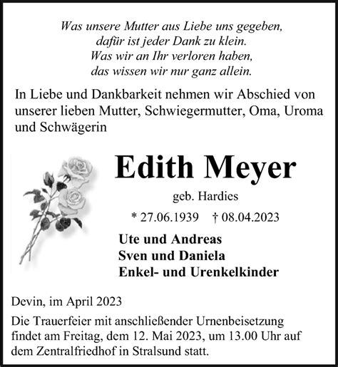 Traueranzeigen Von Edith Meyer Trauer Anzeigen De