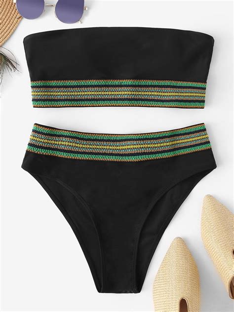 Striped Trim Bandeau Bikini Set Shein Sheinside Bandeau Bikini Set