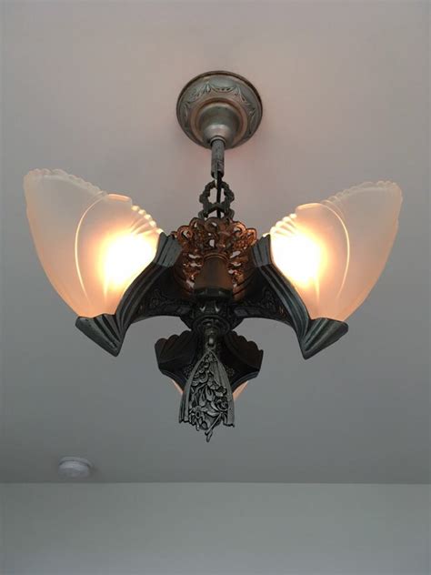 Batwing Slip Shade Hanging Chandelier 1920s 3 Light Ceiling Fixture