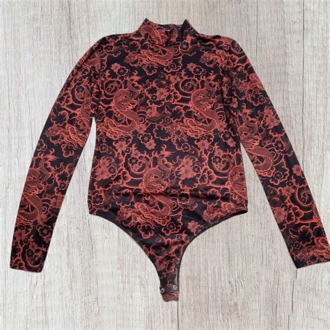 Dragon Print Bodysuit Size M ️mock Neck Stretch Depop