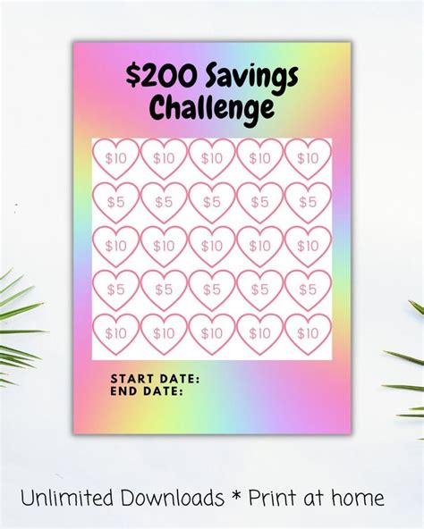 Rainbow Heart 200 Dollars Colorful Money Saving Challenge Printable