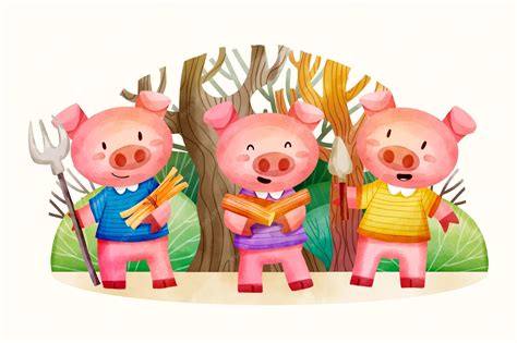 Aquarela a ilustração dos três porquinhos | Vetor Premium