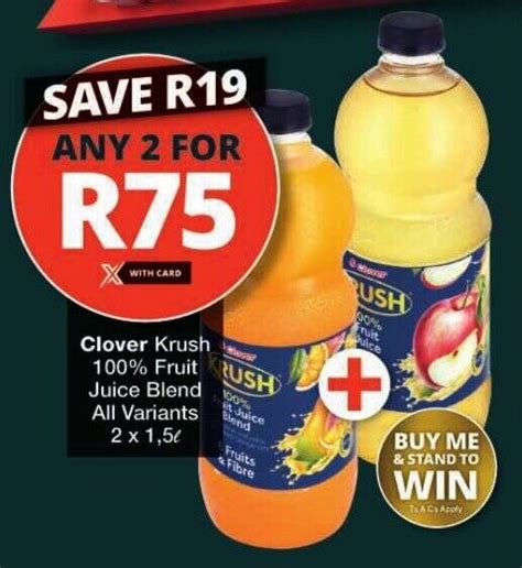 Clover Krush 100 Fruit Juice Blend All Variants 2 X 1 5l Offer At Checkers