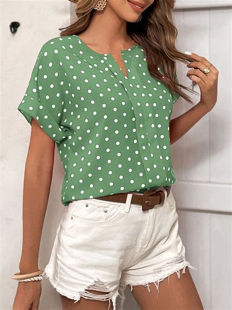 Polka Dot Notched Neck Batwing Sleeve Blouse Shirt Outfit Summer