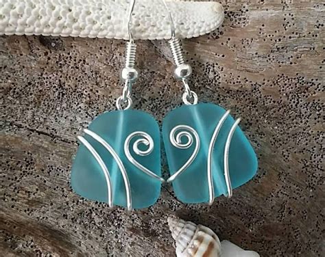 Made In Hawaii Wire Wrapped Turquoise Bay Blue Sea Glass Earrings